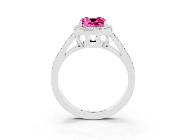 Silver Cushion Cut Pink Sapphire Halo Ring with Split Shank U-Prong Band and Four-Prong Setting