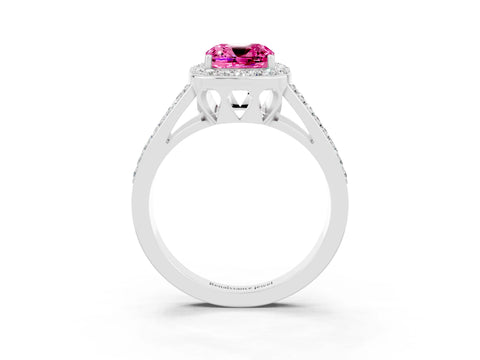 White gold Cushion Cut Pink Sapphire Halo Ring with Split Shank U-Prong Band and Four-Prong Setting_3