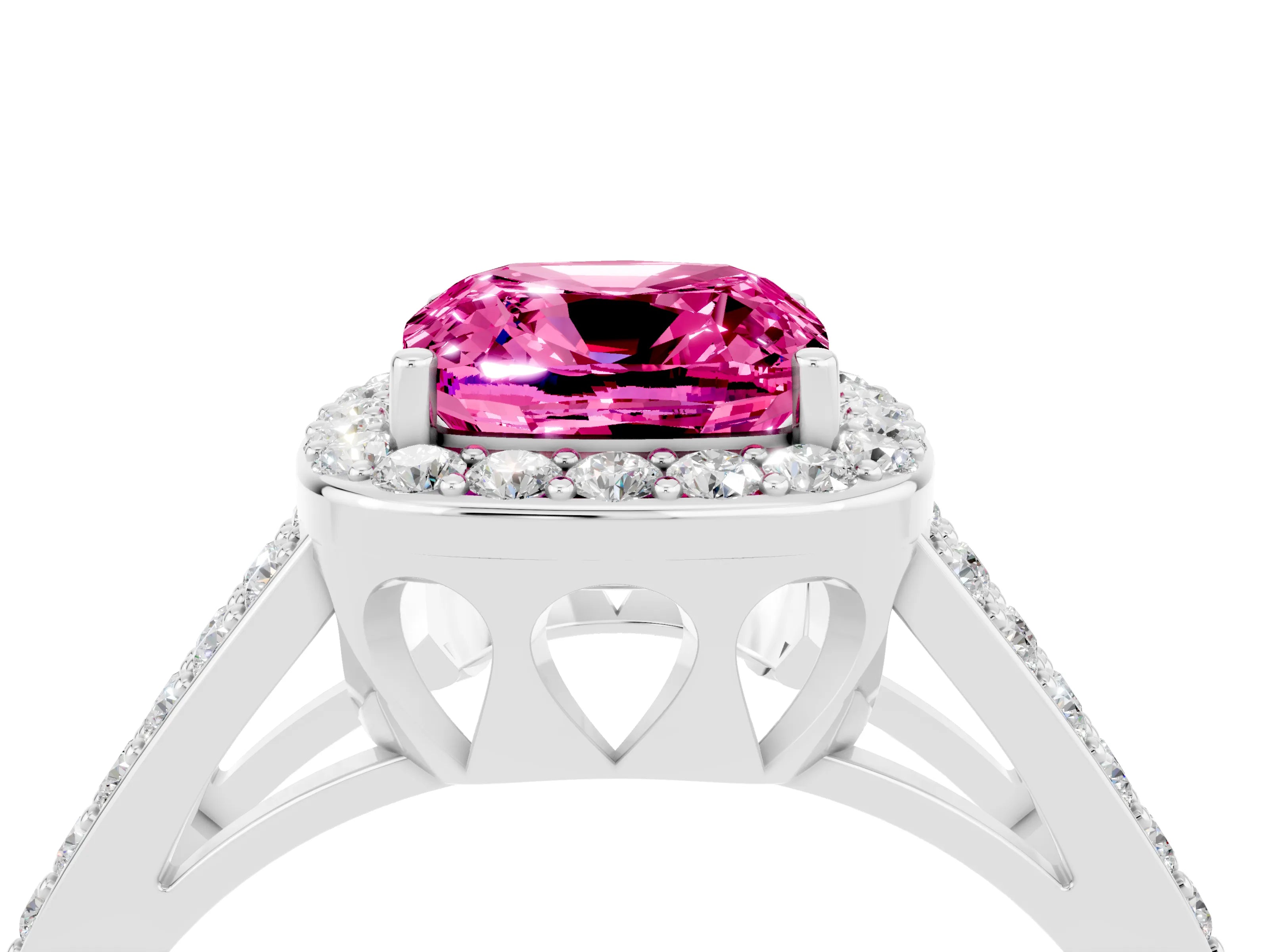 White gold Cushion Cut Pink Sapphire Halo Ring with Split Shank U-Prong Band and Four-Prong Setting_4