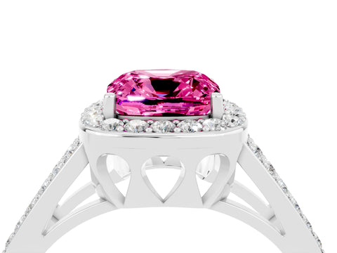White gold Cushion Cut Pink Sapphire Halo Ring with Split Shank U-Prong Band and Four-Prong Setting_4