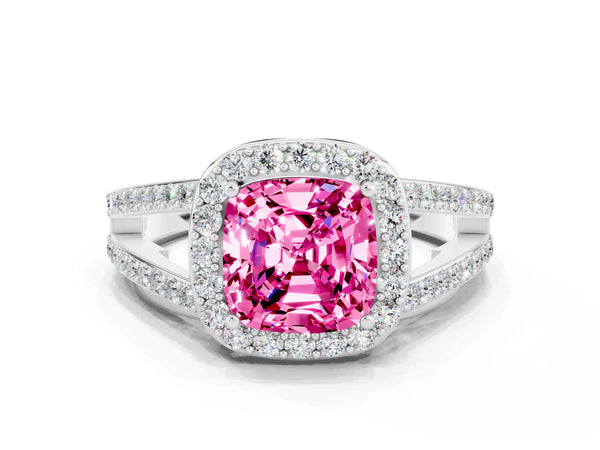 White gold Cushion Cut Pink Sapphire Halo Ring with Split Shank U-Prong Band and Four-Prong Setting