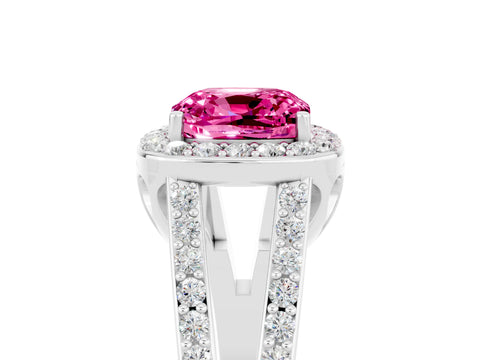 White gold Cushion Cut Pink Sapphire Halo Ring with Split Shank U-Prong Band and Four-Prong Setting_5