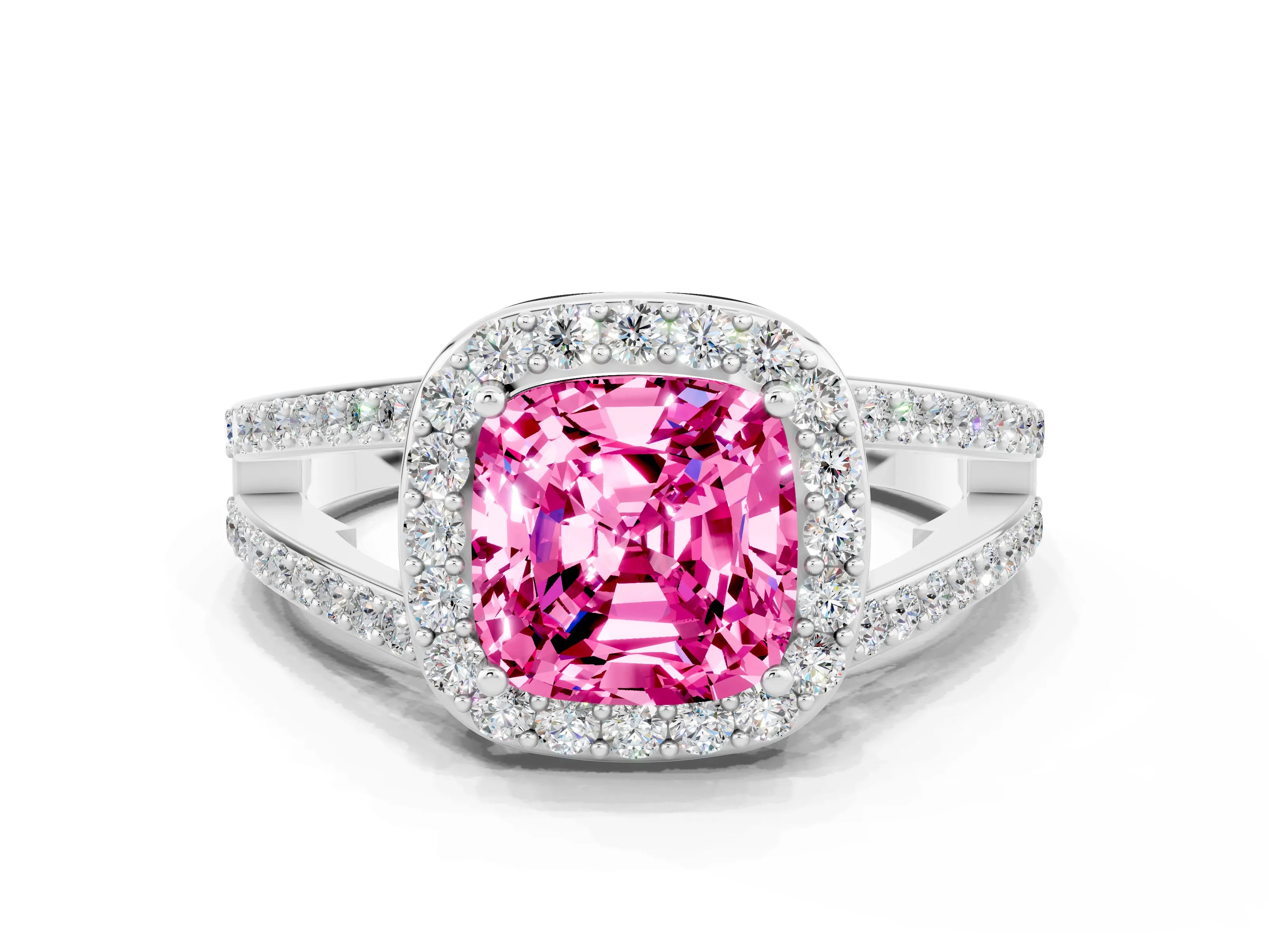 White gold Cushion Cut Pink Sapphire Halo Ring with Split Shank U-Prong Band and Four-Prong Setting