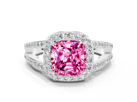White gold Cushion Cut Pink Sapphire Halo Ring with Split Shank U-Prong Band and Four-Prong Setting