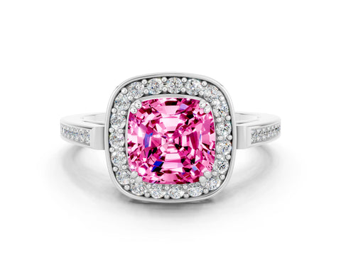 White gold Cushion Cut Pink Sapphire Halo Ring with Split Shank and Four-Prong Setting_12