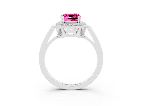 White gold Cushion Cut Pink Sapphire Halo Ring with Split Shank and Four-Prong Setting_15