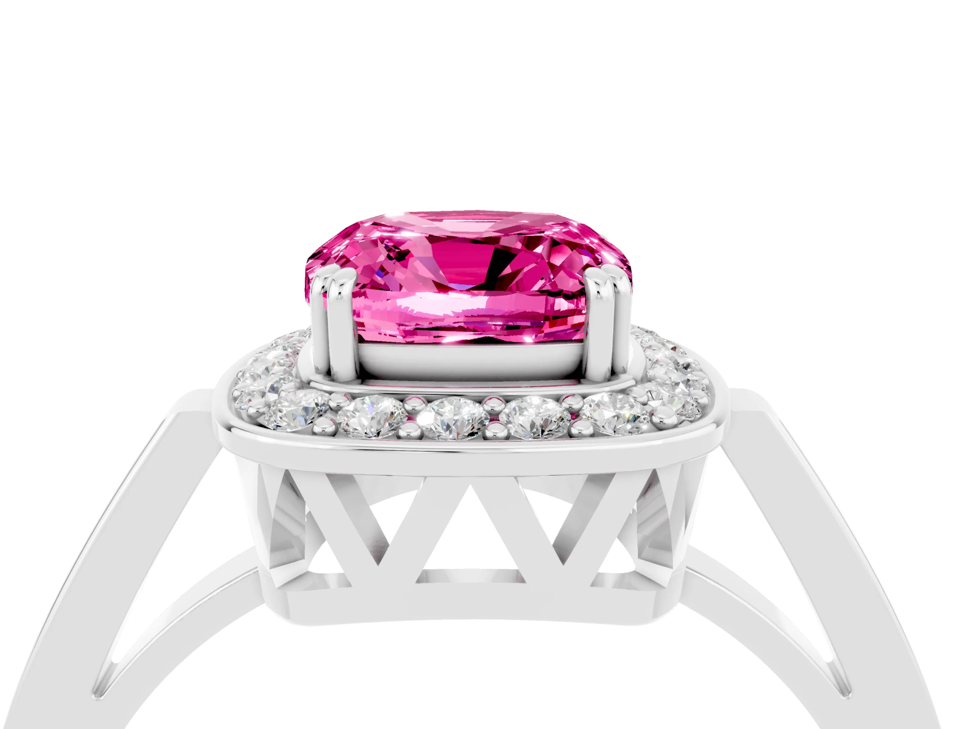 White gold Cushion Cut Pink Sapphire Halo Ring with Split Shank and Four-Prong Setting_16