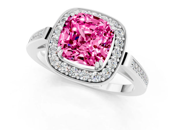 Silver Cushion Cut Pink Sapphire Halo Ring with Split Shank and Four-Prong Setting