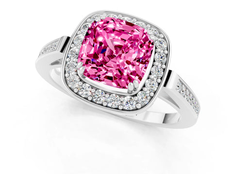 White gold Cushion Cut Pink Sapphire Halo Ring with Split Shank and Four-Prong Setting_1