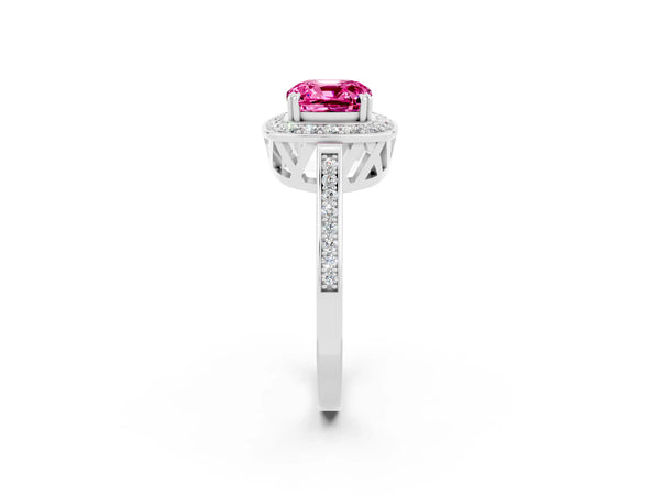 Silver Cushion Cut Pink Sapphire Halo Ring with Split Shank and Four-Prong Setting