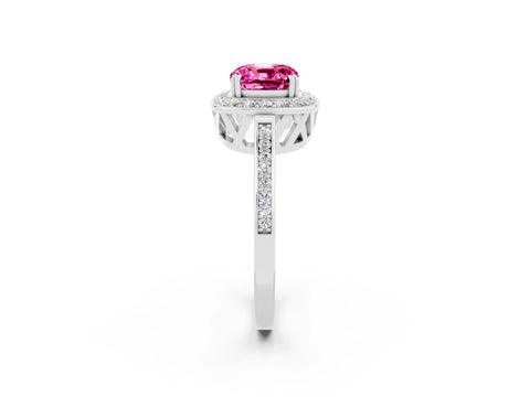 White gold Cushion Cut Pink Sapphire Halo Ring with Split Shank and Four-Prong Setting_2