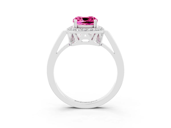 Platinum Cushion Cut Pink Sapphire Halo Ring with Split Shank and Four-Prong Setting