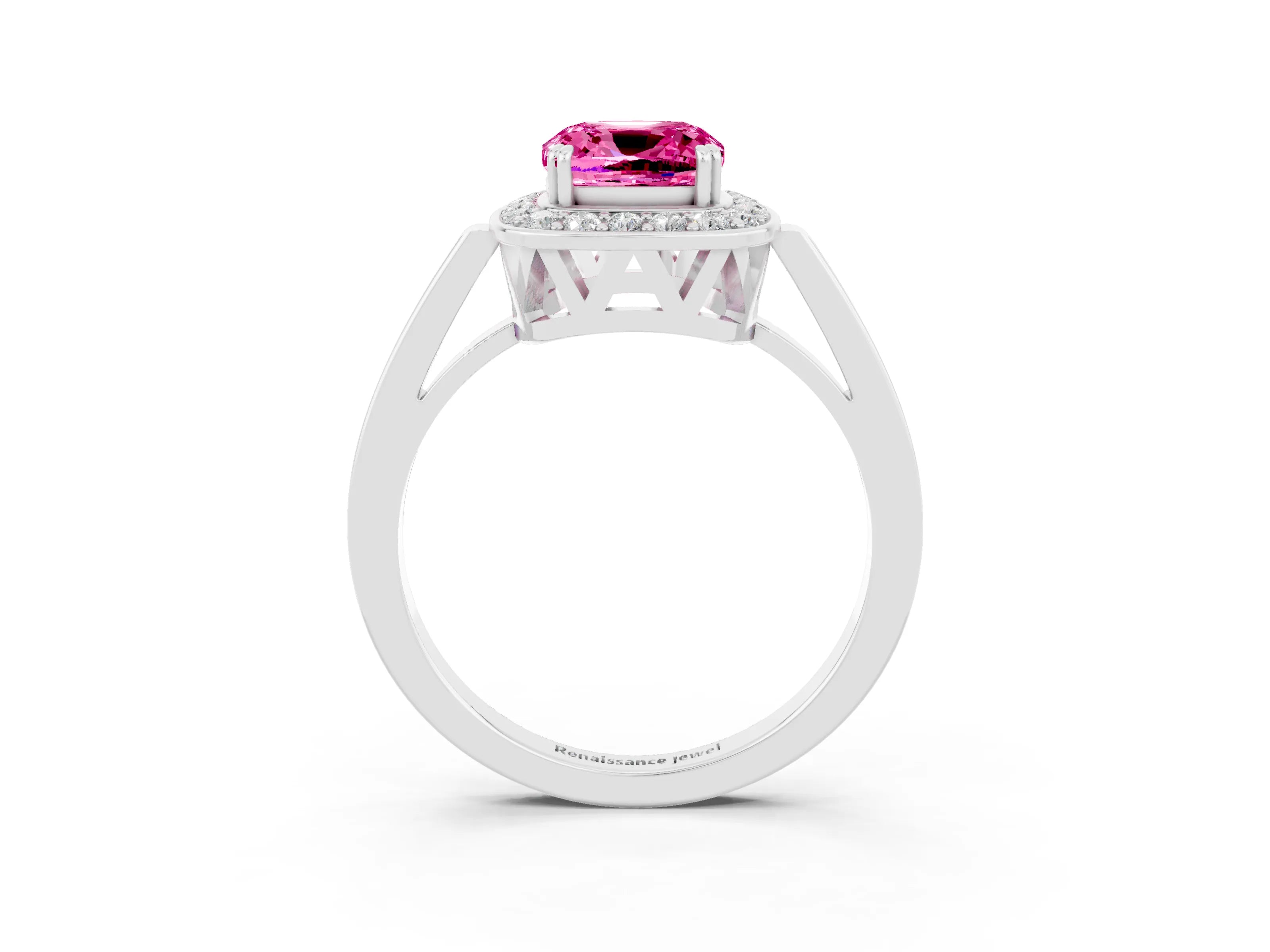 White gold Cushion Cut Pink Sapphire Halo Ring with Split Shank and Four-Prong Setting_3