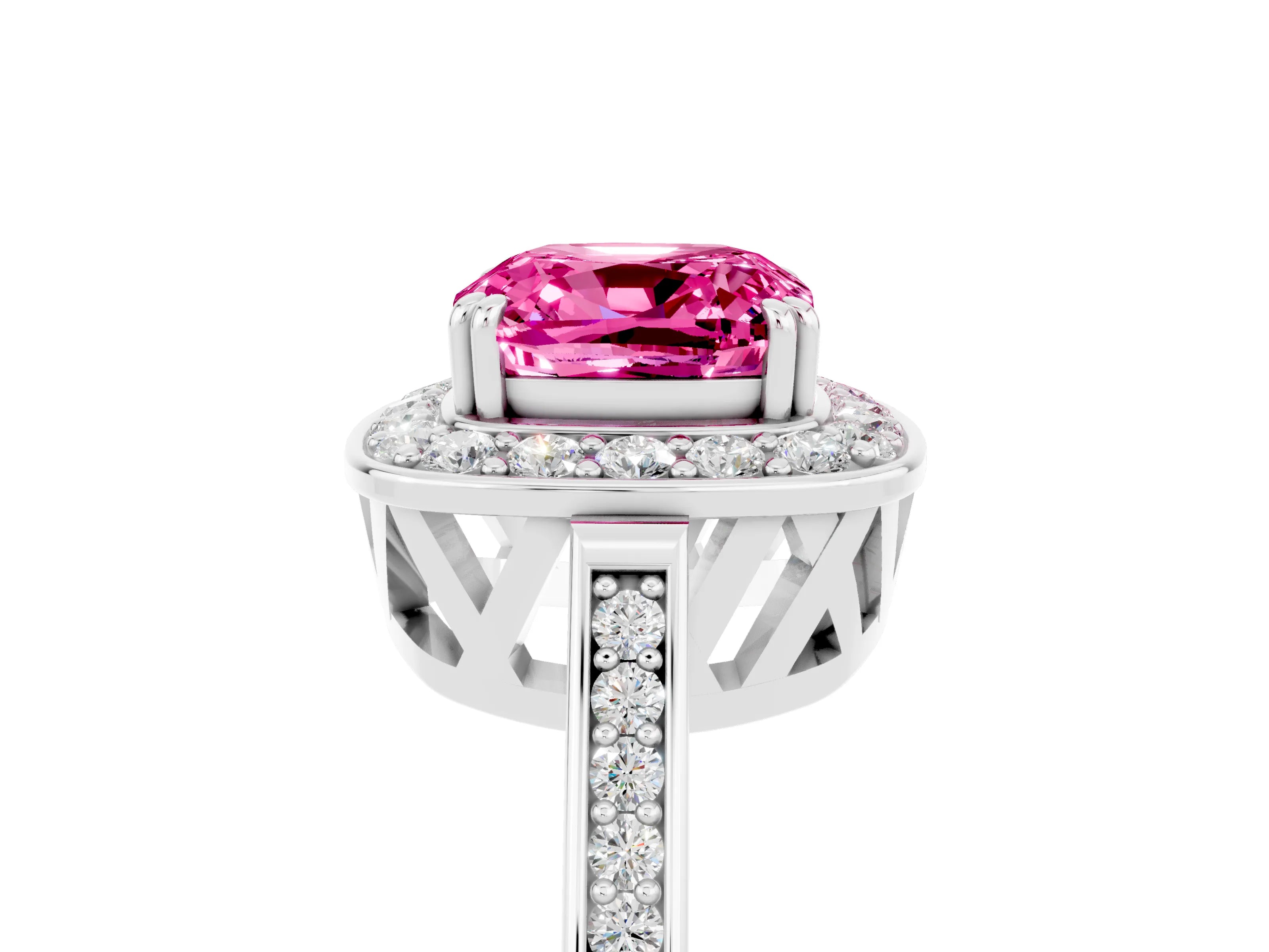 White gold Cushion Cut Pink Sapphire Halo Ring with Split Shank and Four-Prong Setting_5