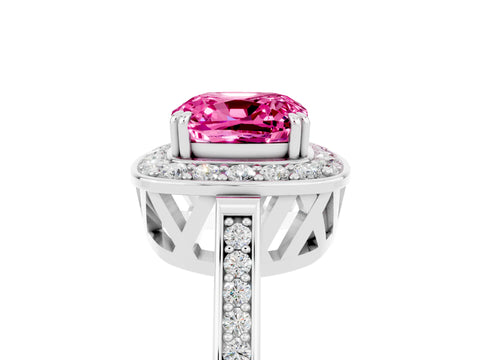 White gold Cushion Cut Pink Sapphire Halo Ring with Split Shank and Four-Prong Setting_5