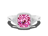 White gold Cushion Cut Pink Sapphire Halo Ring with Tapered Band and Four-Prong Setting