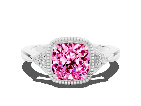 Silver Cushion Cut Pink Sapphire Halo Ring with Tapered Band and Four-Prong Setting