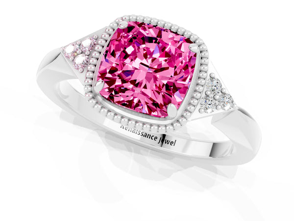 White gold Cushion Cut Pink Sapphire Halo Ring with Tapered Band and Four-Prong Setting