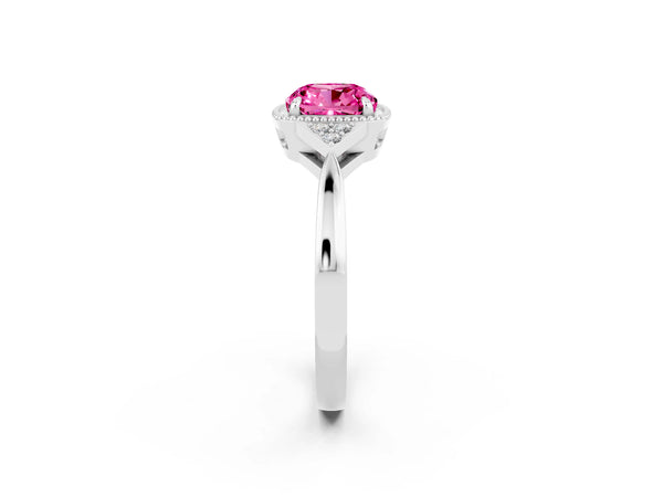 Silver Cushion Cut Pink Sapphire Halo Ring with Tapered Band and Four-Prong Setting