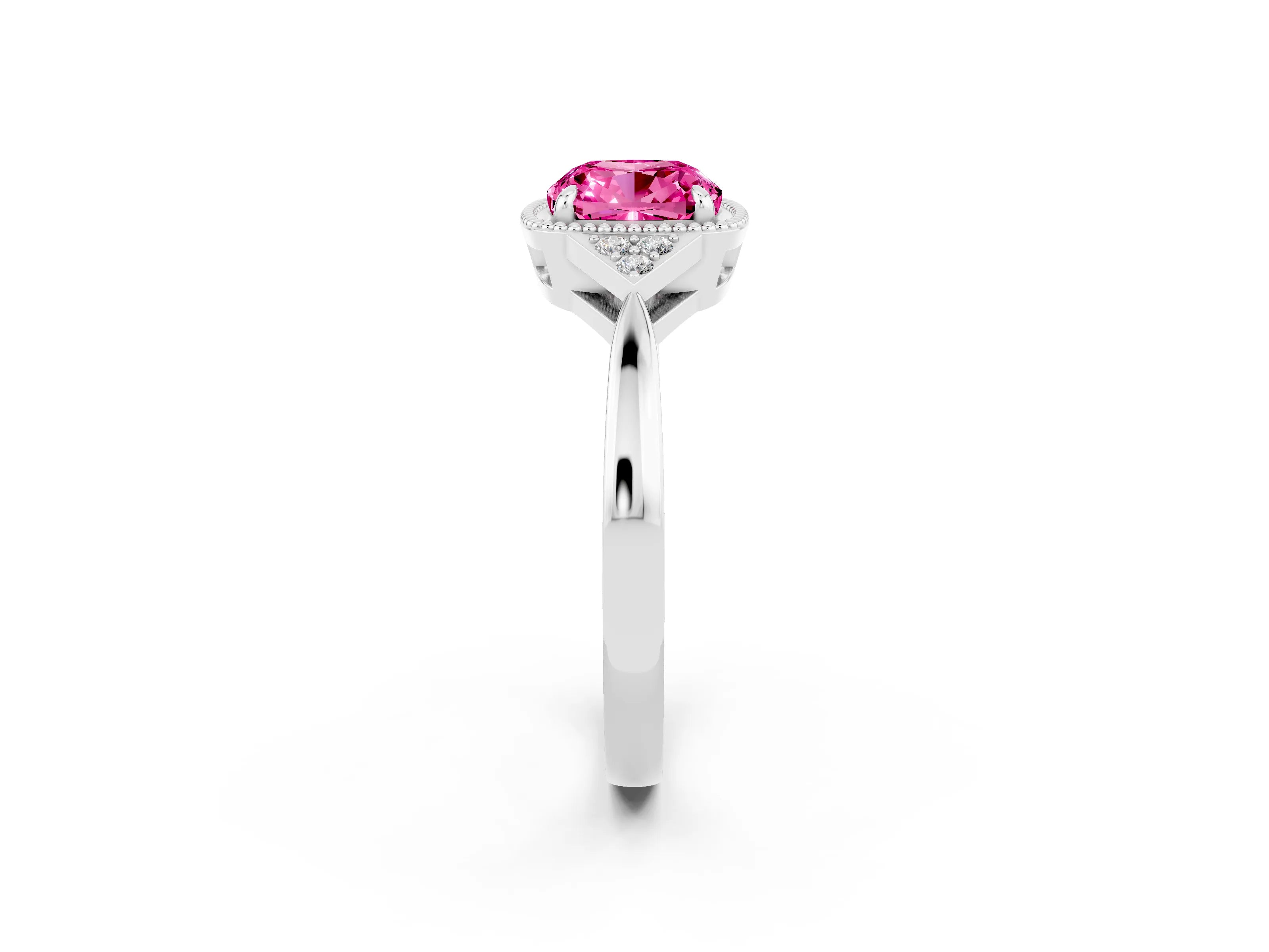 White gold Cushion Cut Pink Sapphire Halo Ring with Tapered Band and Four-Prong Setting_2