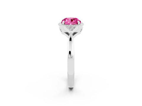 White gold Cushion Cut Pink Sapphire Halo Ring with Tapered Band and Four-Prong Setting_2