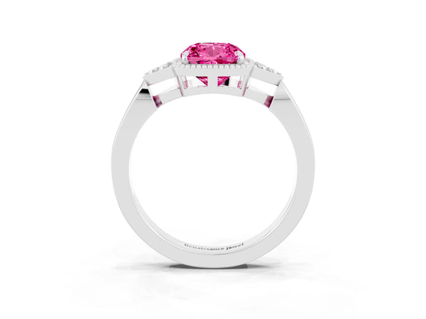 Platinum Cushion Cut Pink Sapphire Halo Ring with Tapered Band and Four-Prong Setting