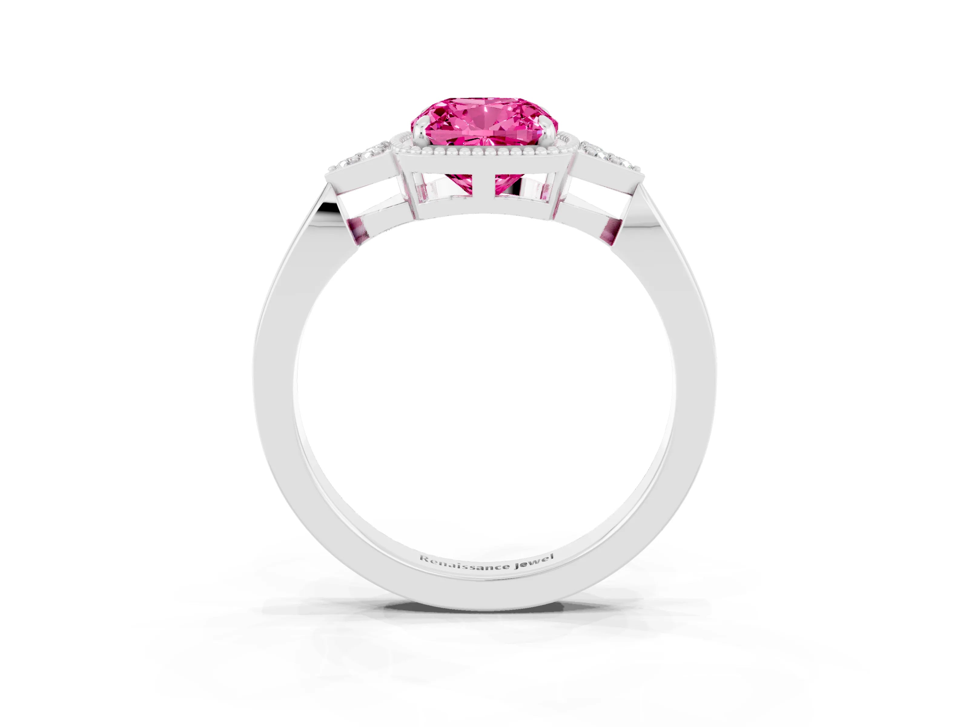 White gold Cushion Cut Pink Sapphire Halo Ring with Tapered Band and Four-Prong Setting_3