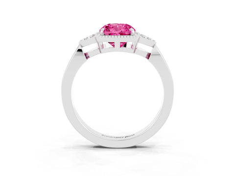White gold Cushion Cut Pink Sapphire Halo Ring with Tapered Band and Four-Prong Setting_3