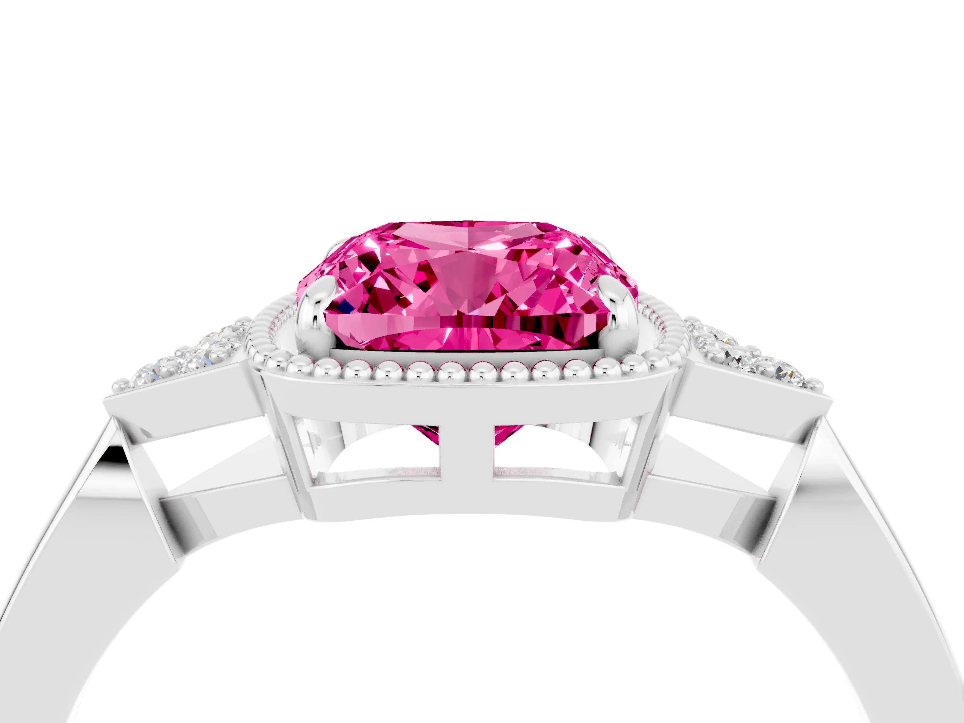 White gold Cushion Cut Pink Sapphire Halo Ring with Tapered Band and Four-Prong Setting_4