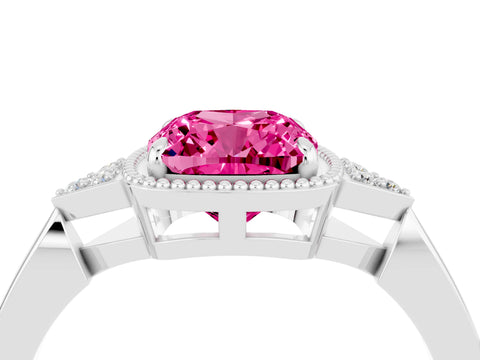 White gold Cushion Cut Pink Sapphire Halo Ring with Tapered Band and Four-Prong Setting_4