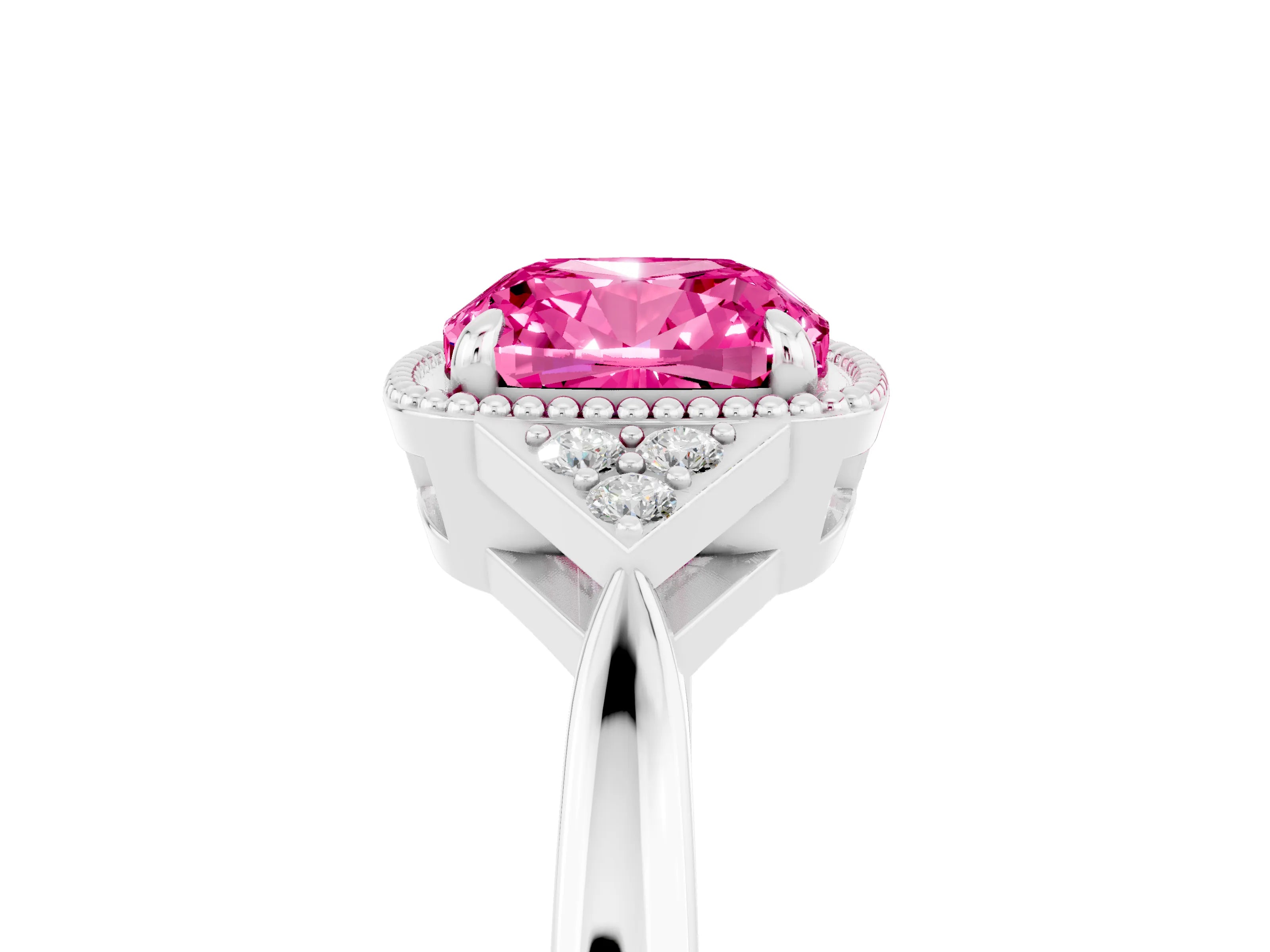 White gold Cushion Cut Pink Sapphire Halo Ring with Tapered Band and Four-Prong Setting_5