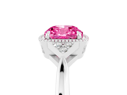 White gold Cushion Cut Pink Sapphire Halo Ring with Tapered Band and Four-Prong Setting_5