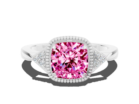 White gold Cushion Cut Pink Sapphire Halo Ring with Tapered Band and Four-Prong Setting