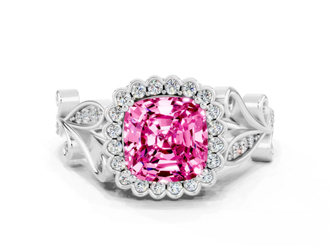 White gold Cushion Cut Pink Sapphire Halo Ring with Vintage Split Shank and Four-Prong Setting_24