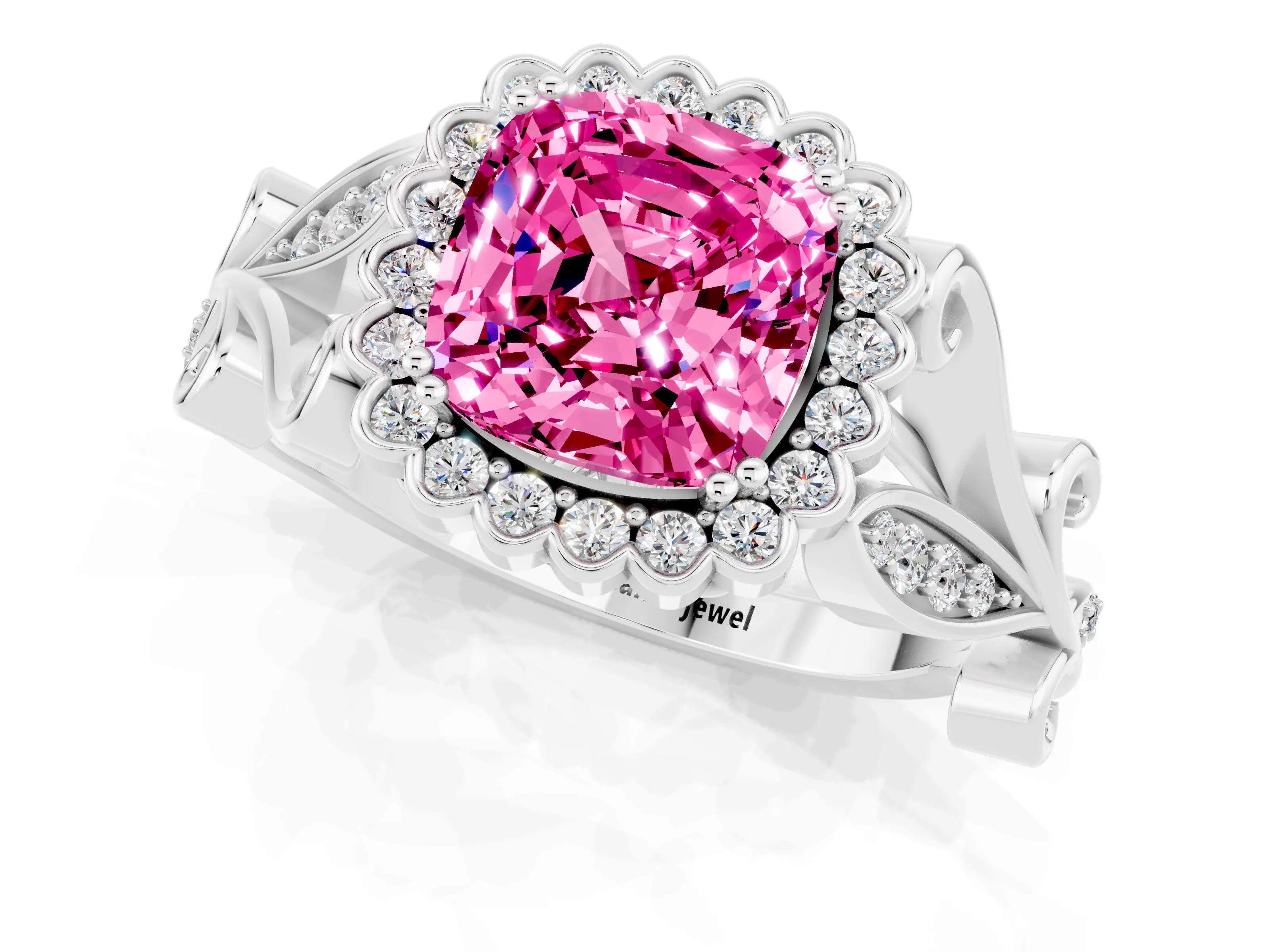 White gold Cushion Cut Pink Sapphire Halo Ring with Vintage Split Shank and Four-Prong Setting_25