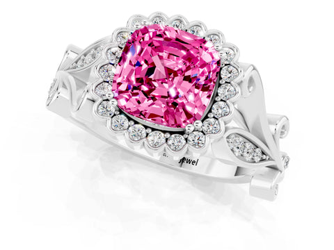 White gold Cushion Cut Pink Sapphire Halo Ring with Vintage Split Shank and Four-Prong Setting_25