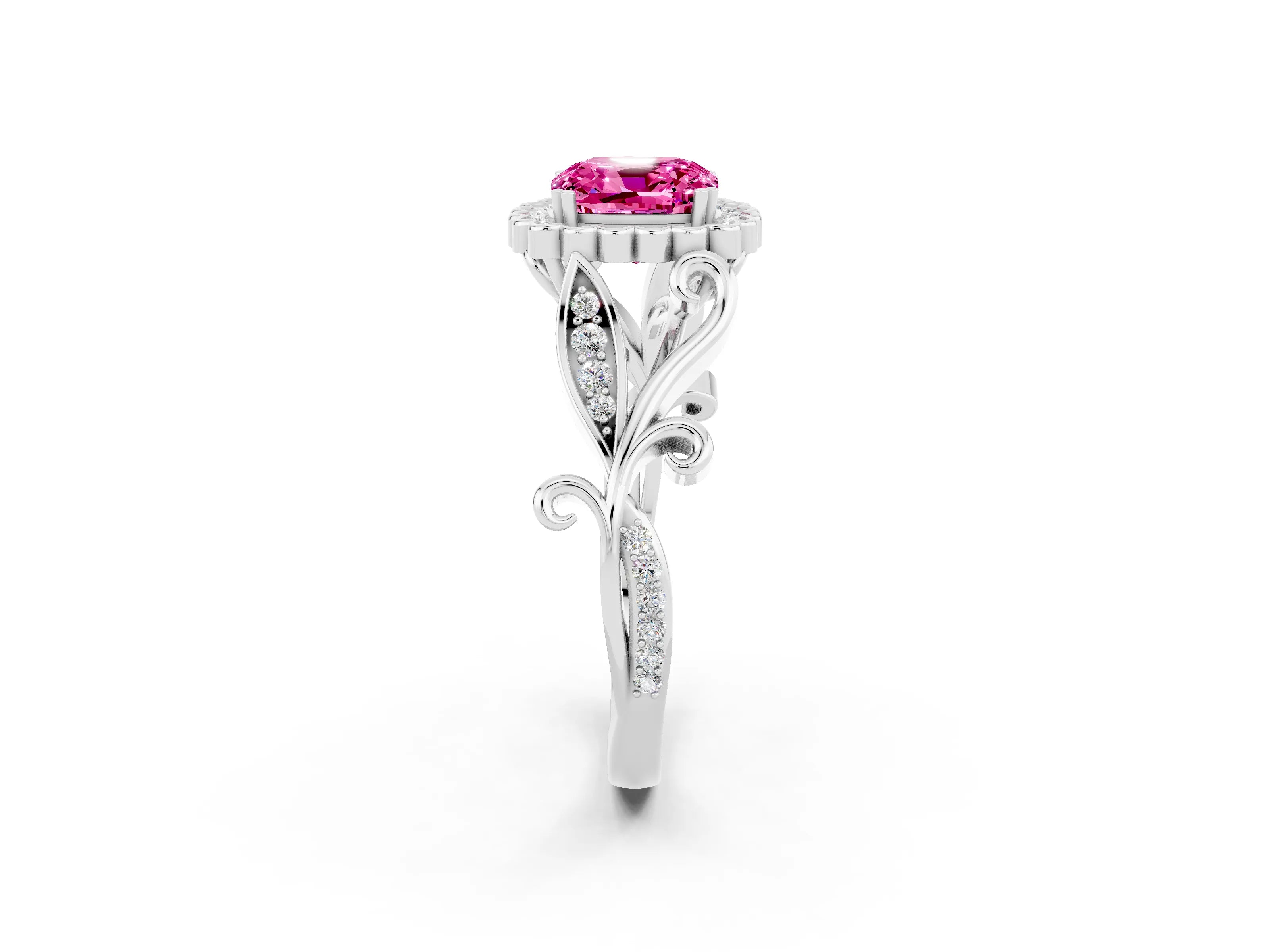 White gold Cushion Cut Pink Sapphire Halo Ring with Vintage Split Shank and Four-Prong Setting_26
