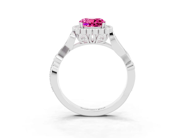 White gold Cushion Cut Pink Sapphire Halo Ring with Vintage Split Shank and Four-Prong Setting