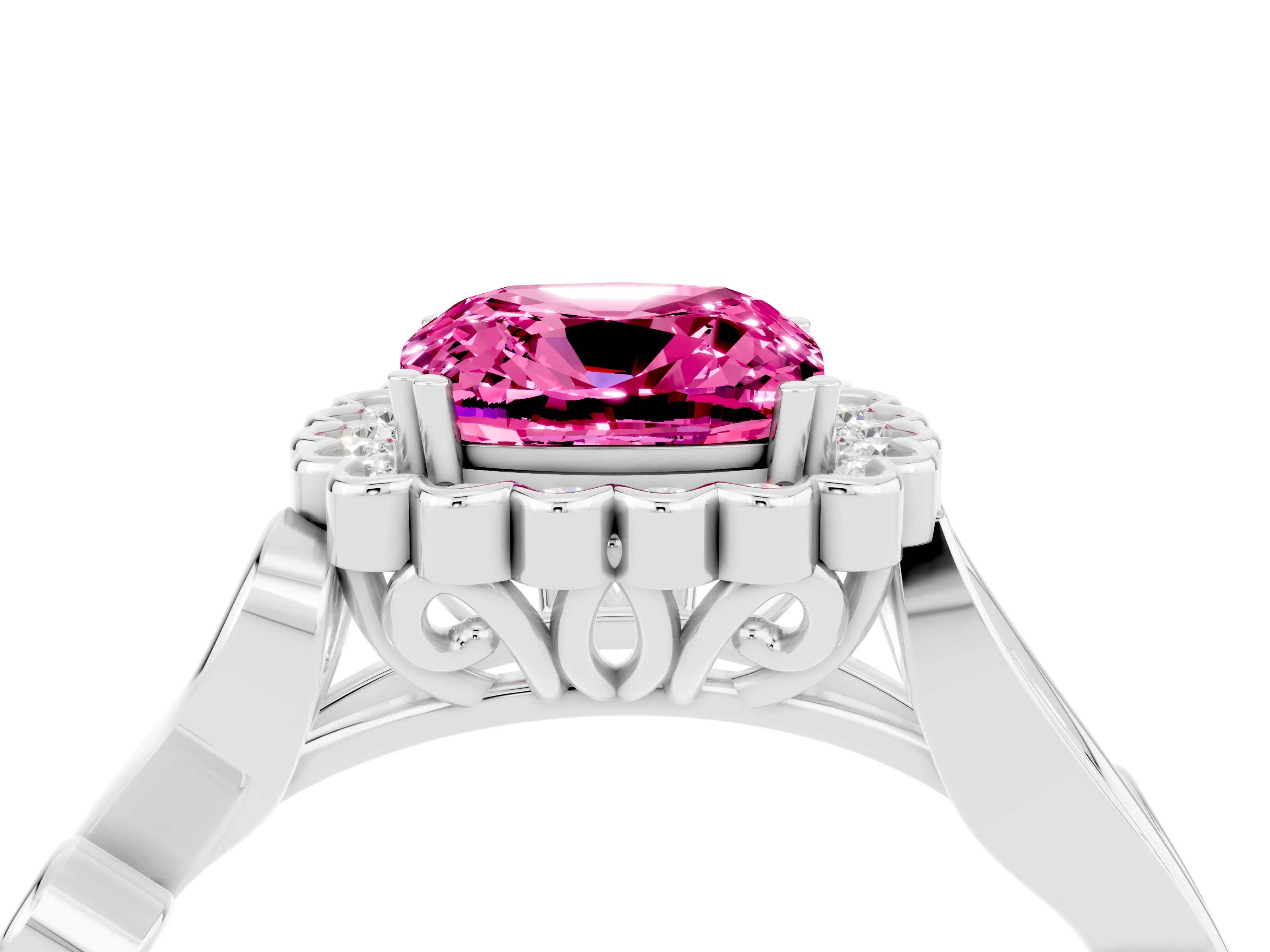 White gold Cushion Cut Pink Sapphire Halo Ring with Vintage Split Shank and Four-Prong Setting_28