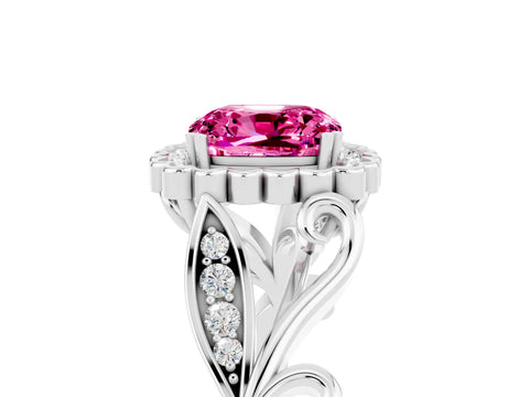 White gold Cushion Cut Pink Sapphire Halo Ring with Vintage Split Shank and Four-Prong Setting_29