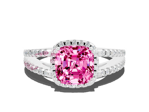 White gold Cushion Cut Pink Sapphire Halo Split Shank Engagement Ring_12