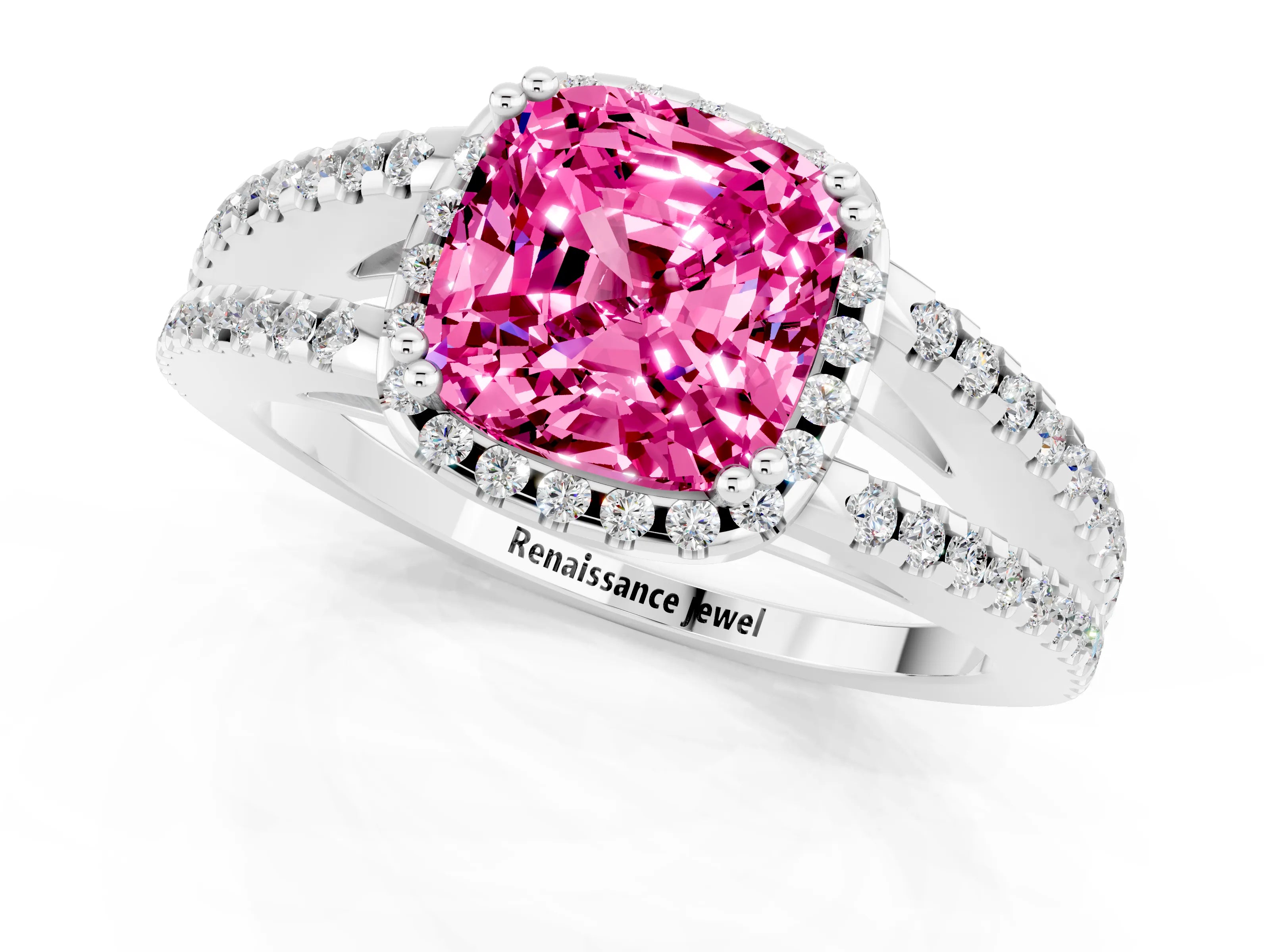 White gold Cushion Cut Pink Sapphire Halo Split Shank Engagement Ring_13