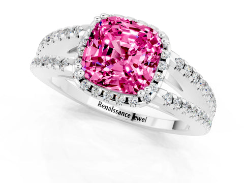 White gold Cushion Cut Pink Sapphire Halo Split Shank Engagement Ring_13