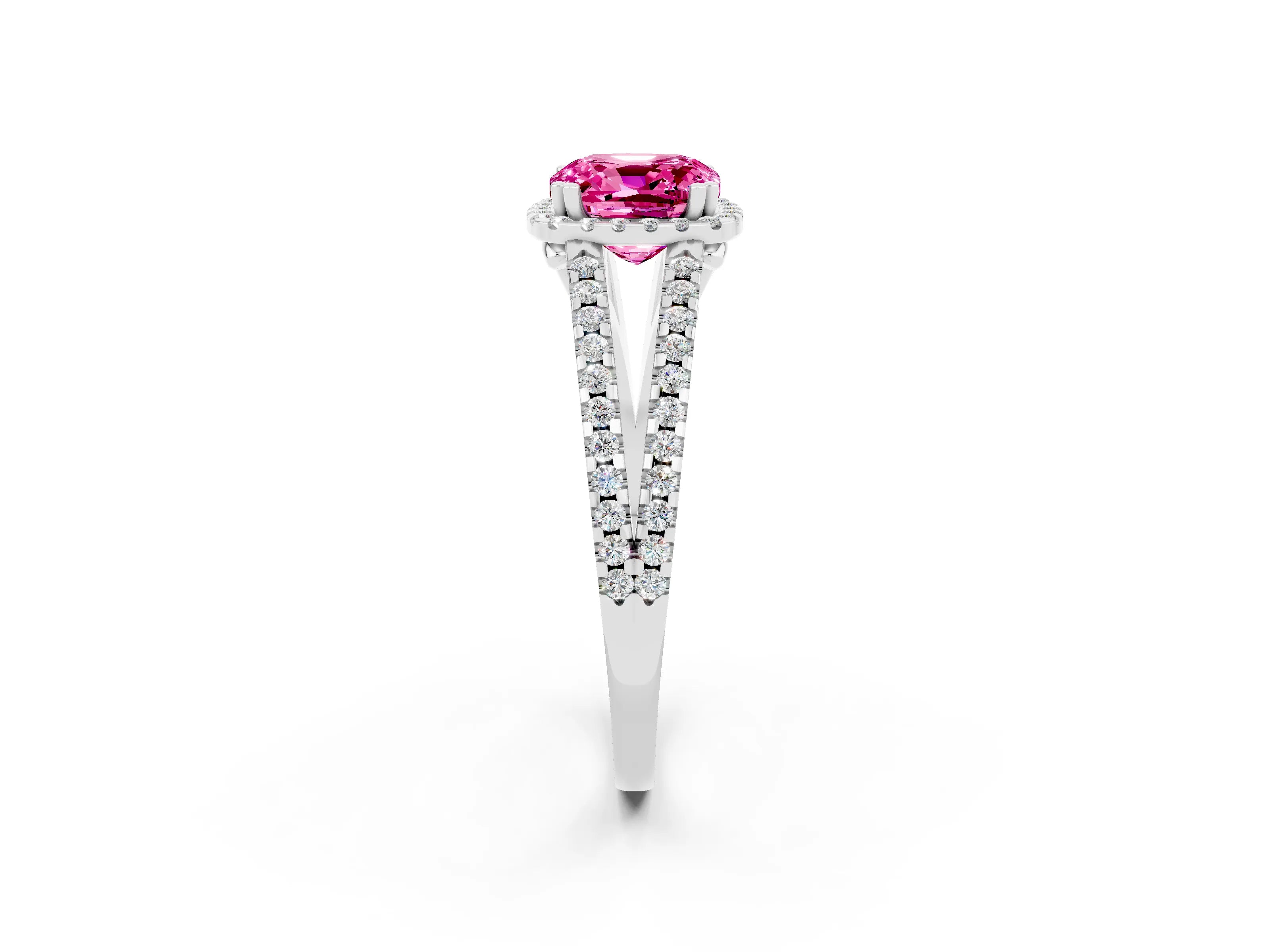 White gold Cushion Cut Pink Sapphire Halo Split Shank Engagement Ring_14