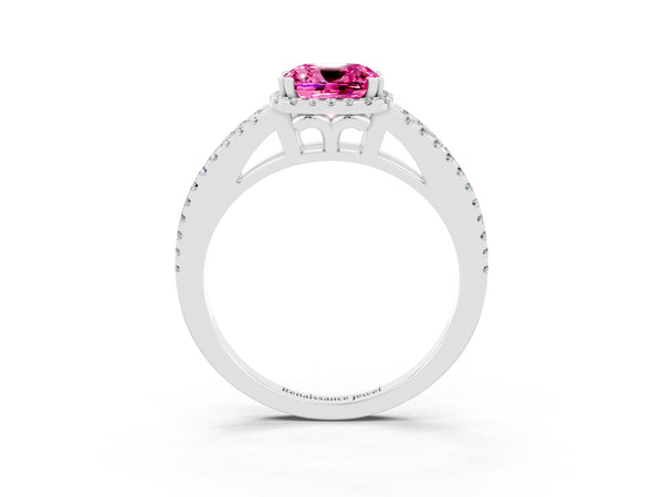 White gold Cushion Cut Pink Sapphire Halo Split Shank Engagement Ring