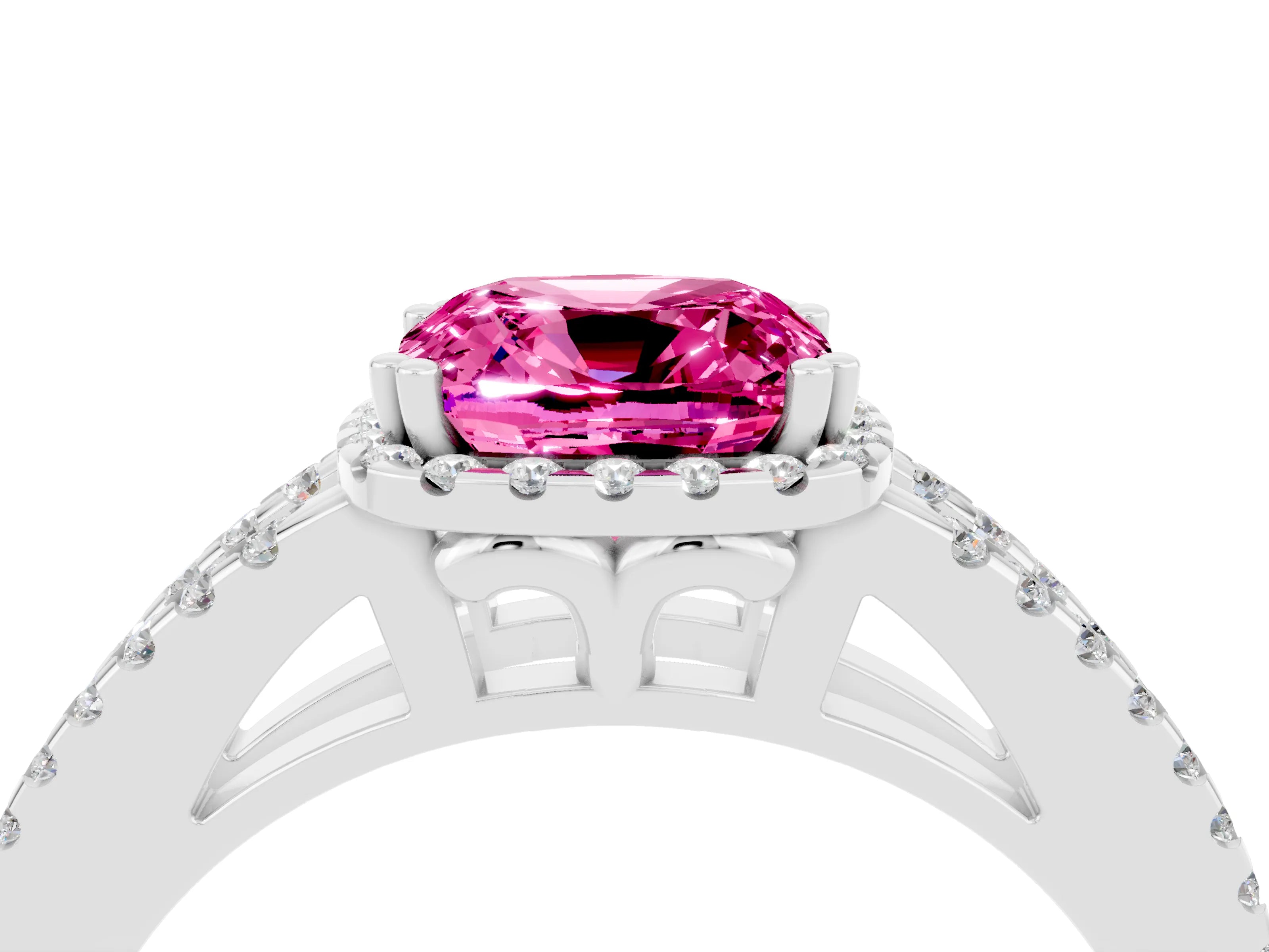 White gold Cushion Cut Pink Sapphire Halo Split Shank Engagement Ring_16