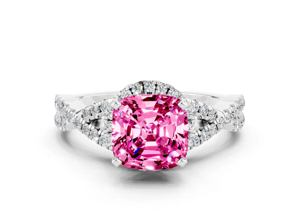 White gold Cushion Cut Pink Sapphire  Halo Twist Band Solitaire Prong Setting Ring