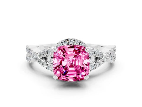 White gold Cushion Cut Pink Sapphire Halo Twist Band Solitaire Prong Setting Ring_24