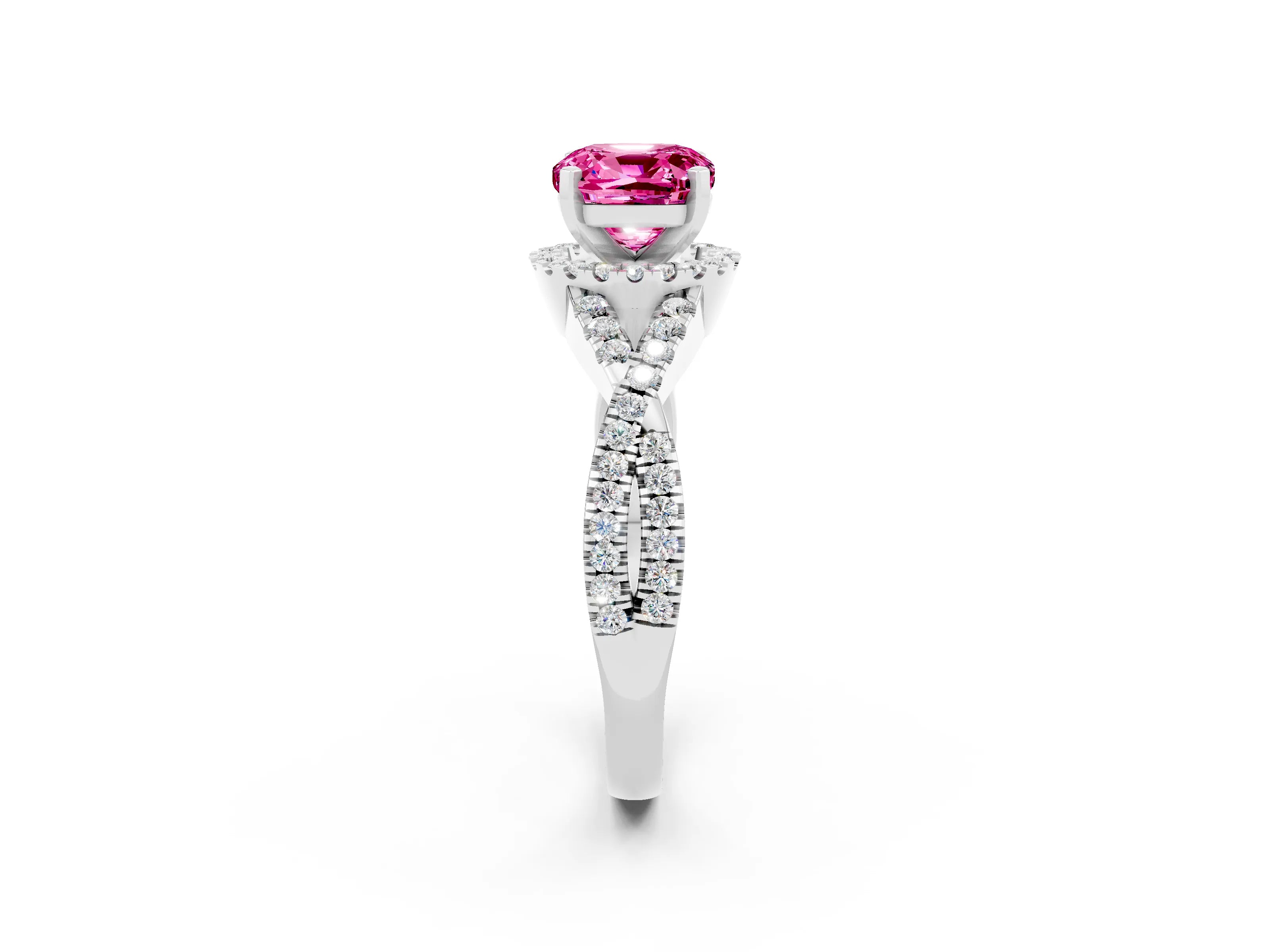 White gold Cushion Cut Pink Sapphire Halo Twist Band Solitaire Prong Setting Ring_26