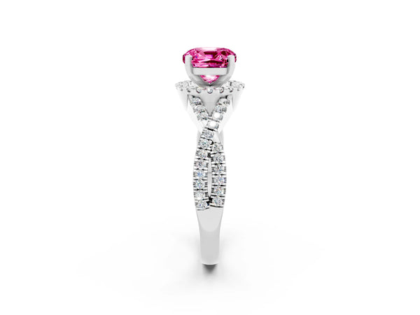 Silver Cushion Cut Pink Sapphire  Halo Twist Band Solitaire Prong Setting Ring